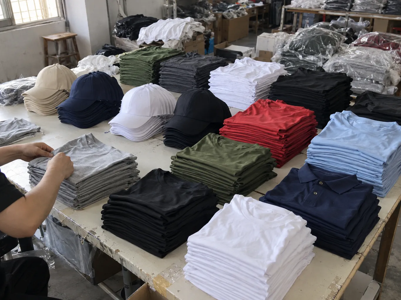 Table covered with dozens of small stacks of blank sportswear in a workshop