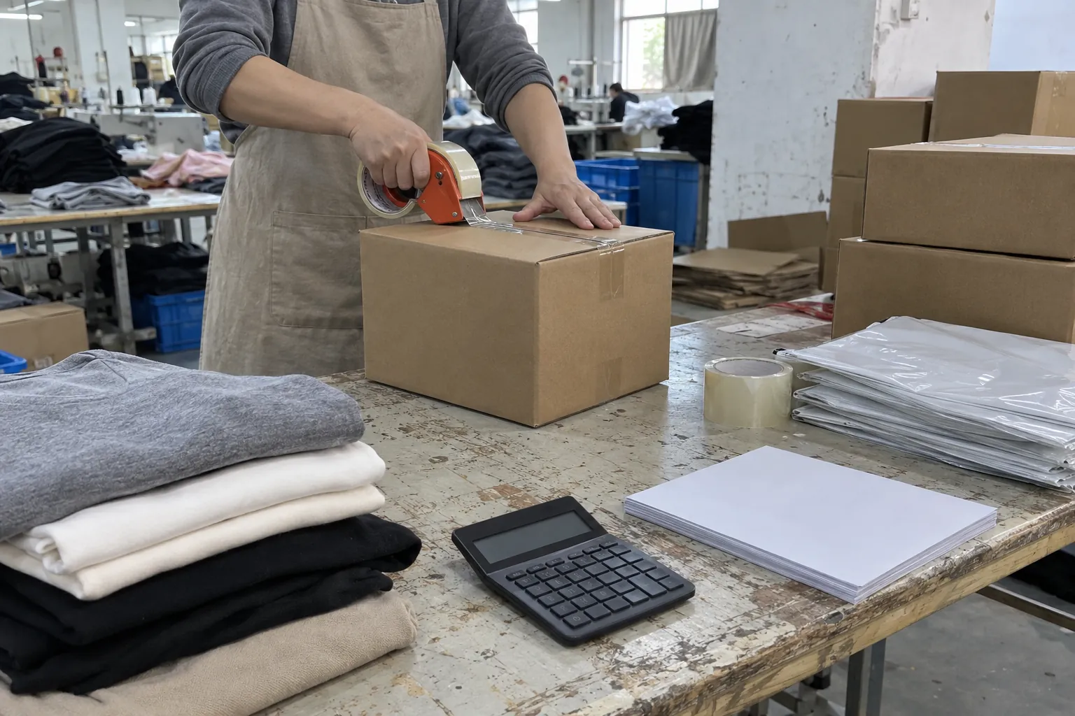 Worker sealing a plain carton at a cluttered packing table with folded garments