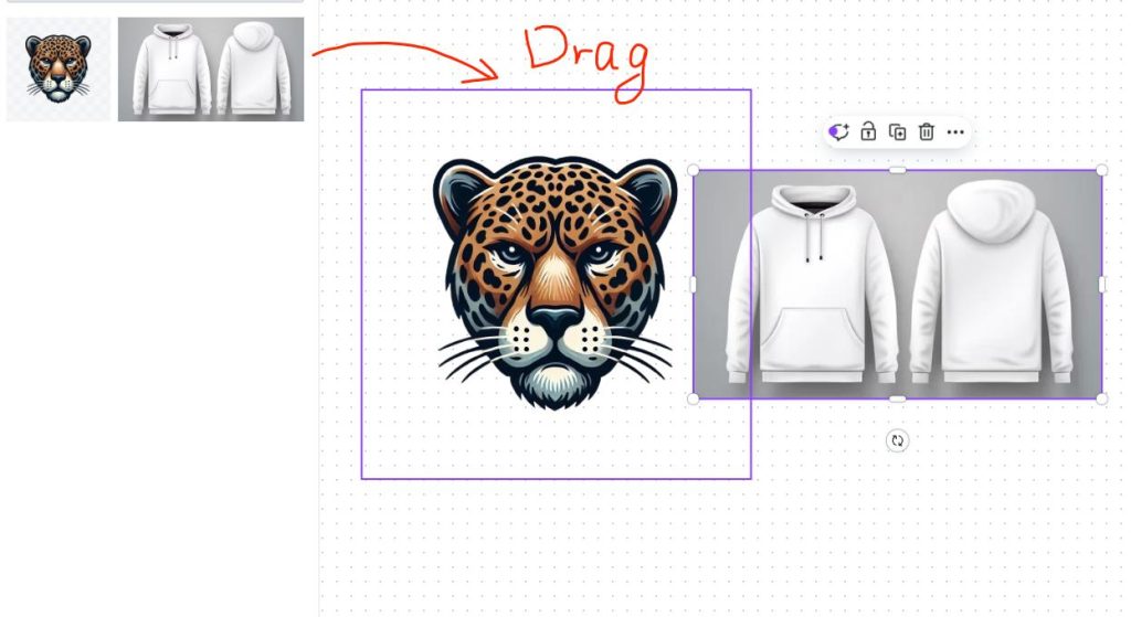 Hoodie photo and jaguar logo placed together on the Canva canvas