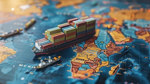 Model container ship placed on a world map symbolizing global trade