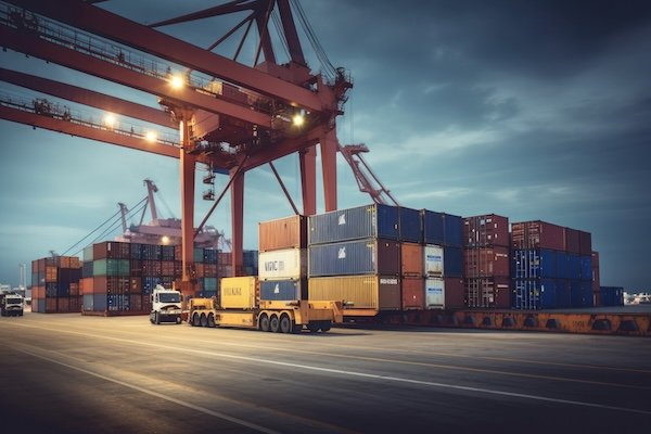 Container ship and cargo plane at a shipyard during import export logistics