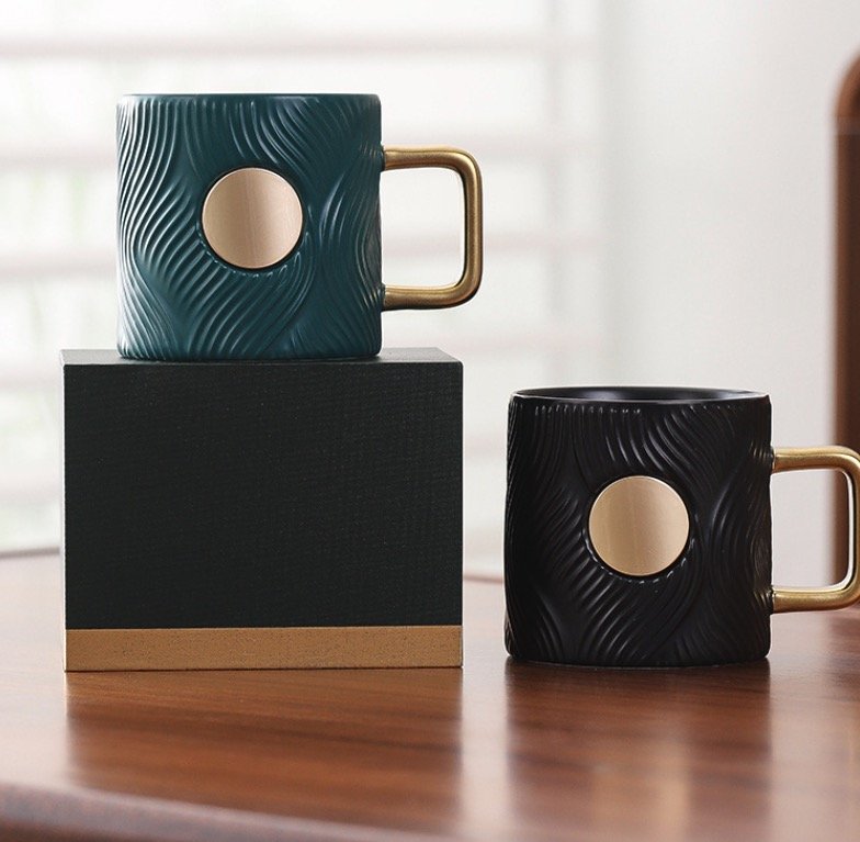 Custom coffee mug design featuring brand logo and colors