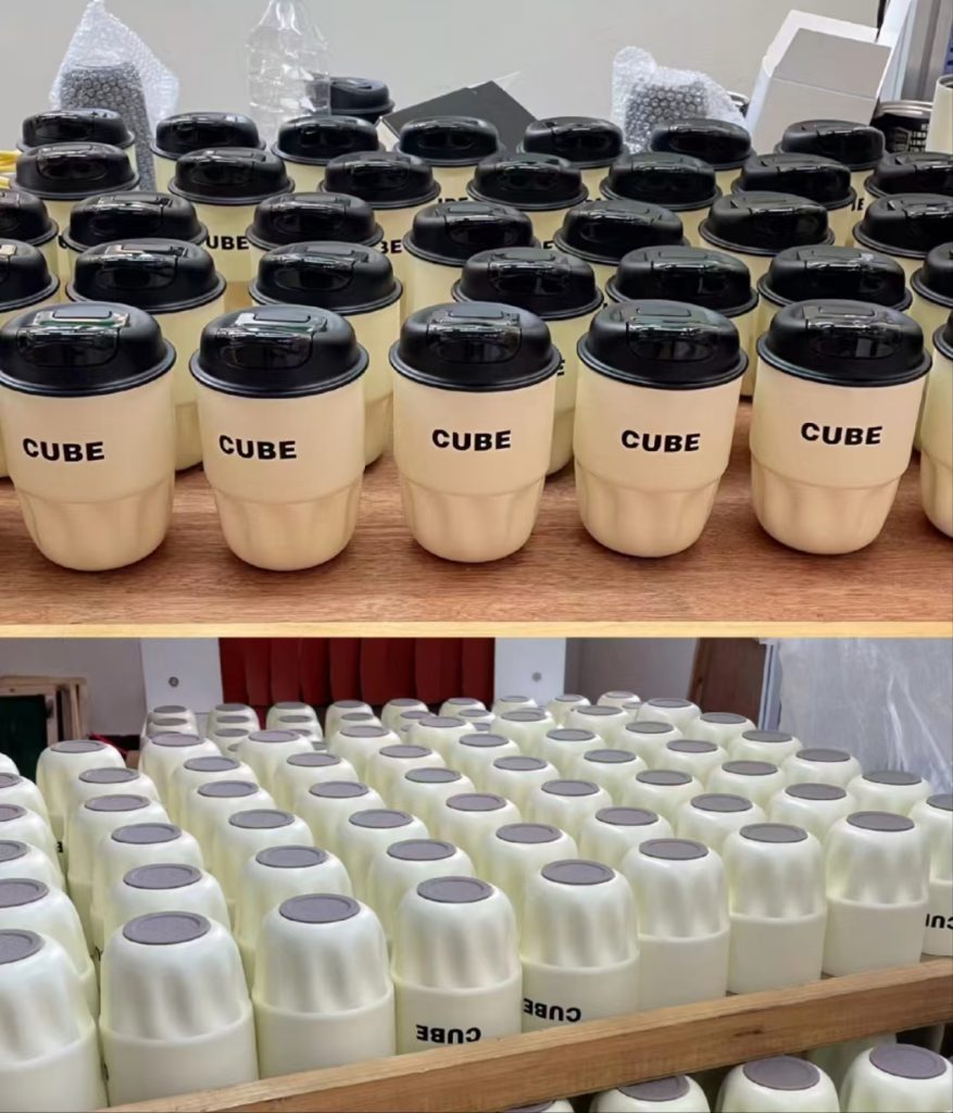 Coffee mugs decorated using screen printing and laser engraving
