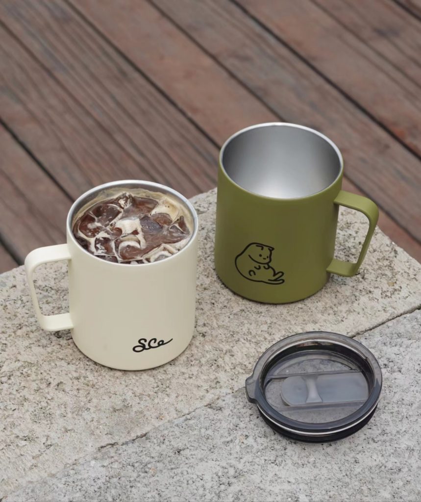 stainless steel mug suited for outdoor use like camping