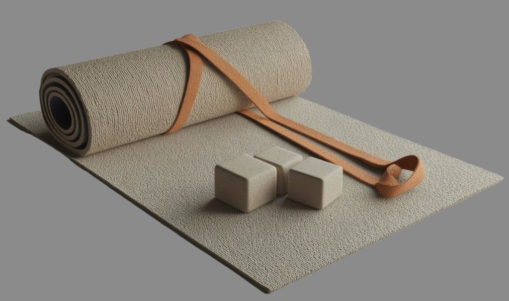 Rolled eco-friendly yoga mats displayed in various colors