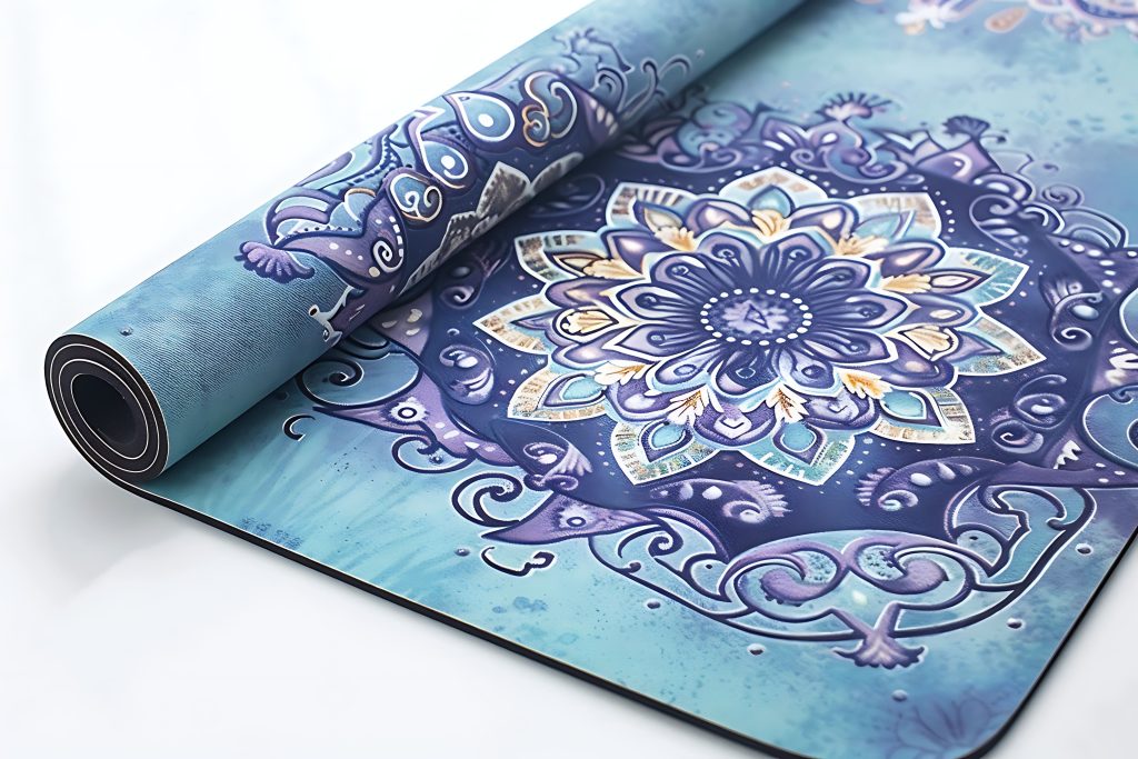 Yoga mat with a printed mandala design in calming colors
