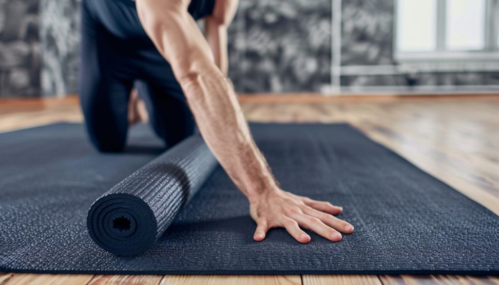 Man practicing yoga on a mat in a fitness setting