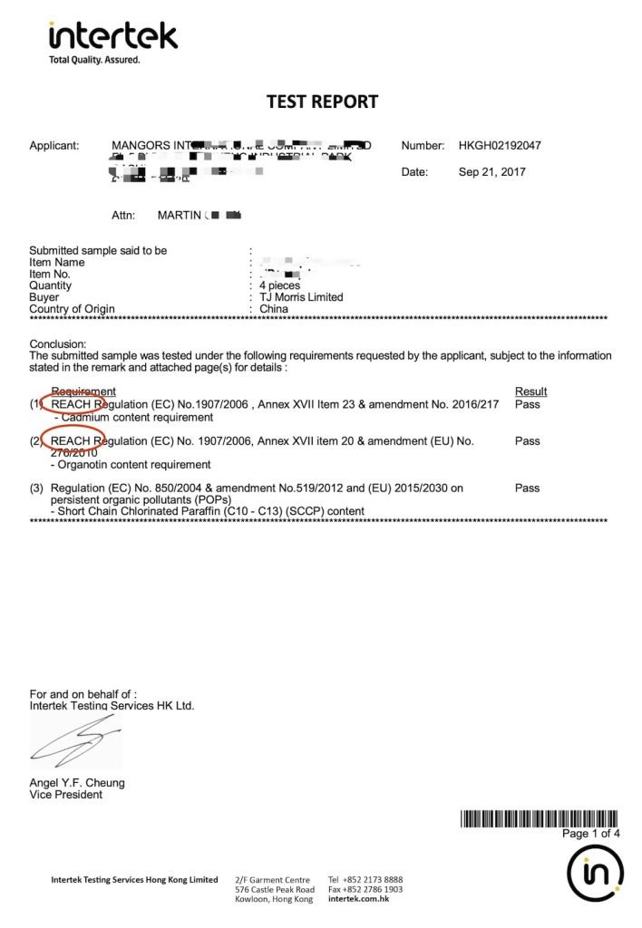 Sample Intertek product compliance testing certificate