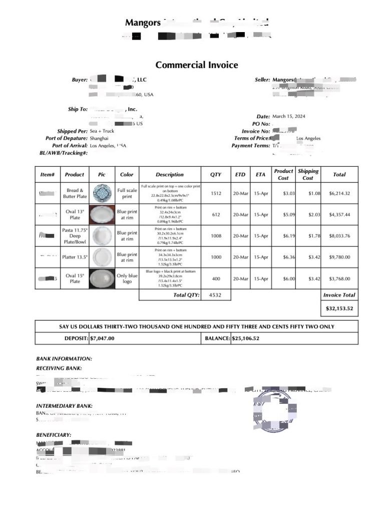 sample commercial invoice document used for customs clearance
