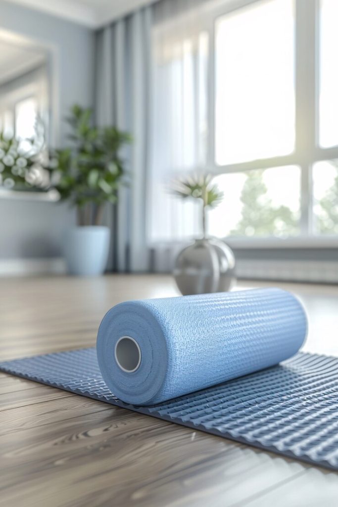 Rolled yoga mat and foam roller displayed together