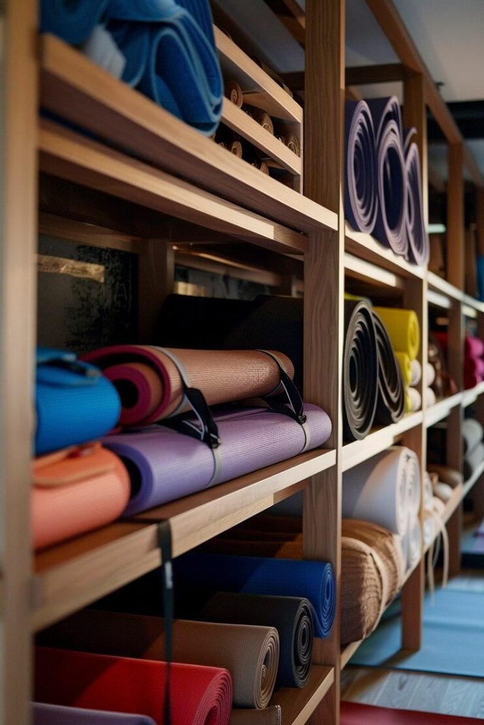 yoga mat and accessories arranged as a still life