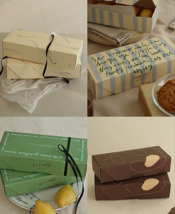 Stylish gift boxes in various designs: striped, green, brown, and minimal patterns