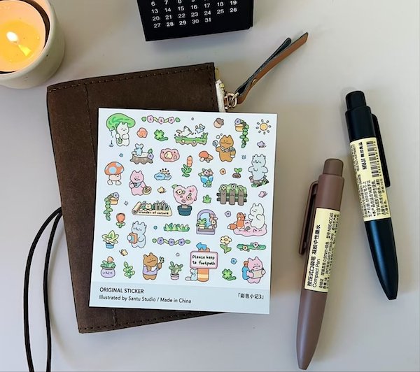 Sticker sheet with cute garden-themed animal and plant illustrations
