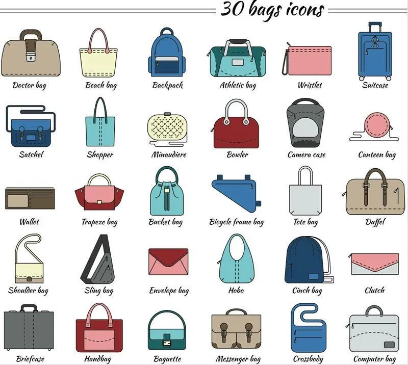 Illustration showing 30 types of bags including doctor bag, backpack, wristlet, and more