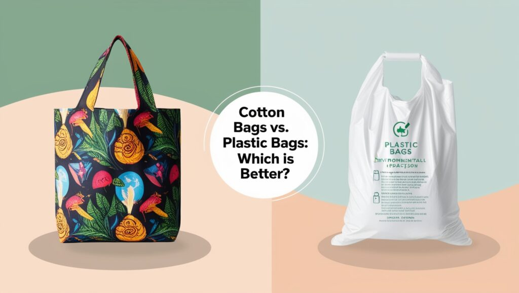 Comparison between colorful cotton tote bag and white plastic bag with text