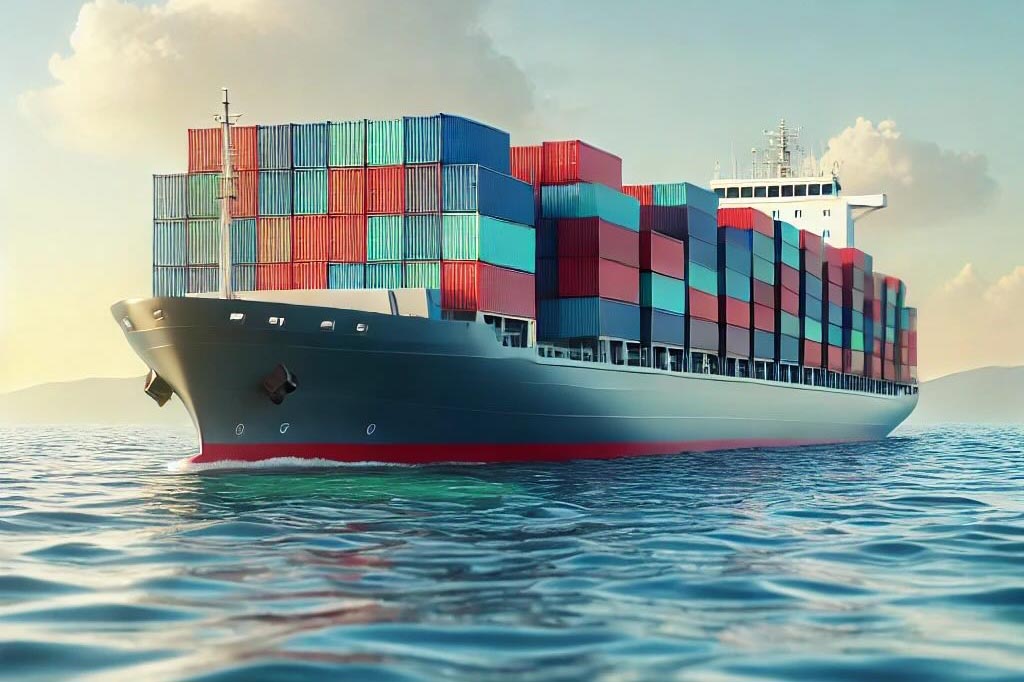 Cargo ship loaded with colorful shipping containers on calm sea