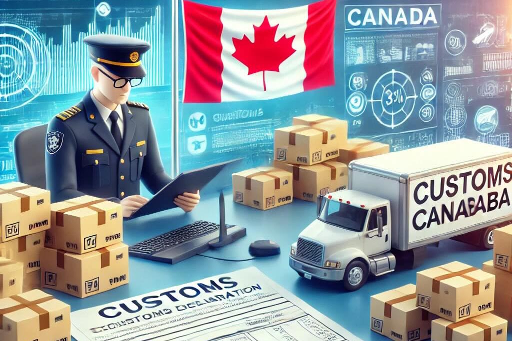 Customs officer inspecting packages with Canadian flag and documents