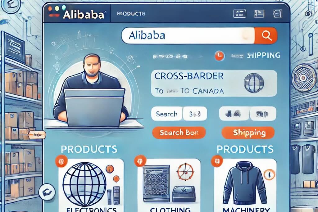 Person using Alibaba website to browse products like electronics and clothing