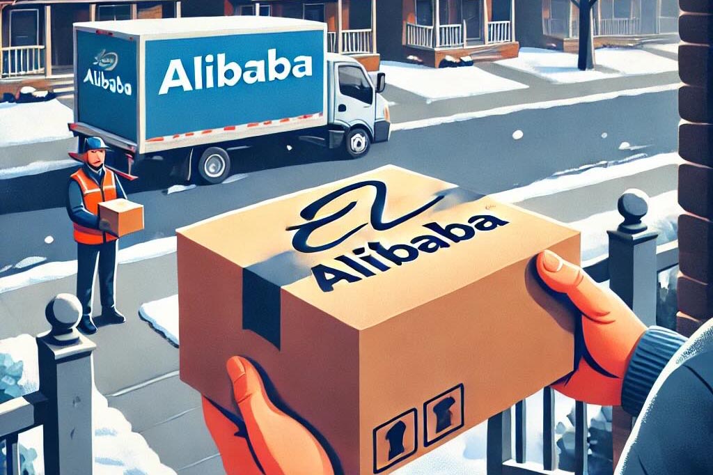 Hands holding Alibaba package with delivery worker nearby in snowy setting