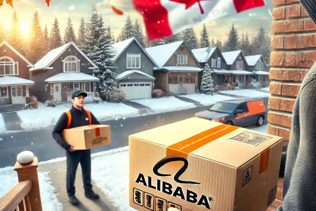 Delivery worker holding a box in a snowy neighborhood