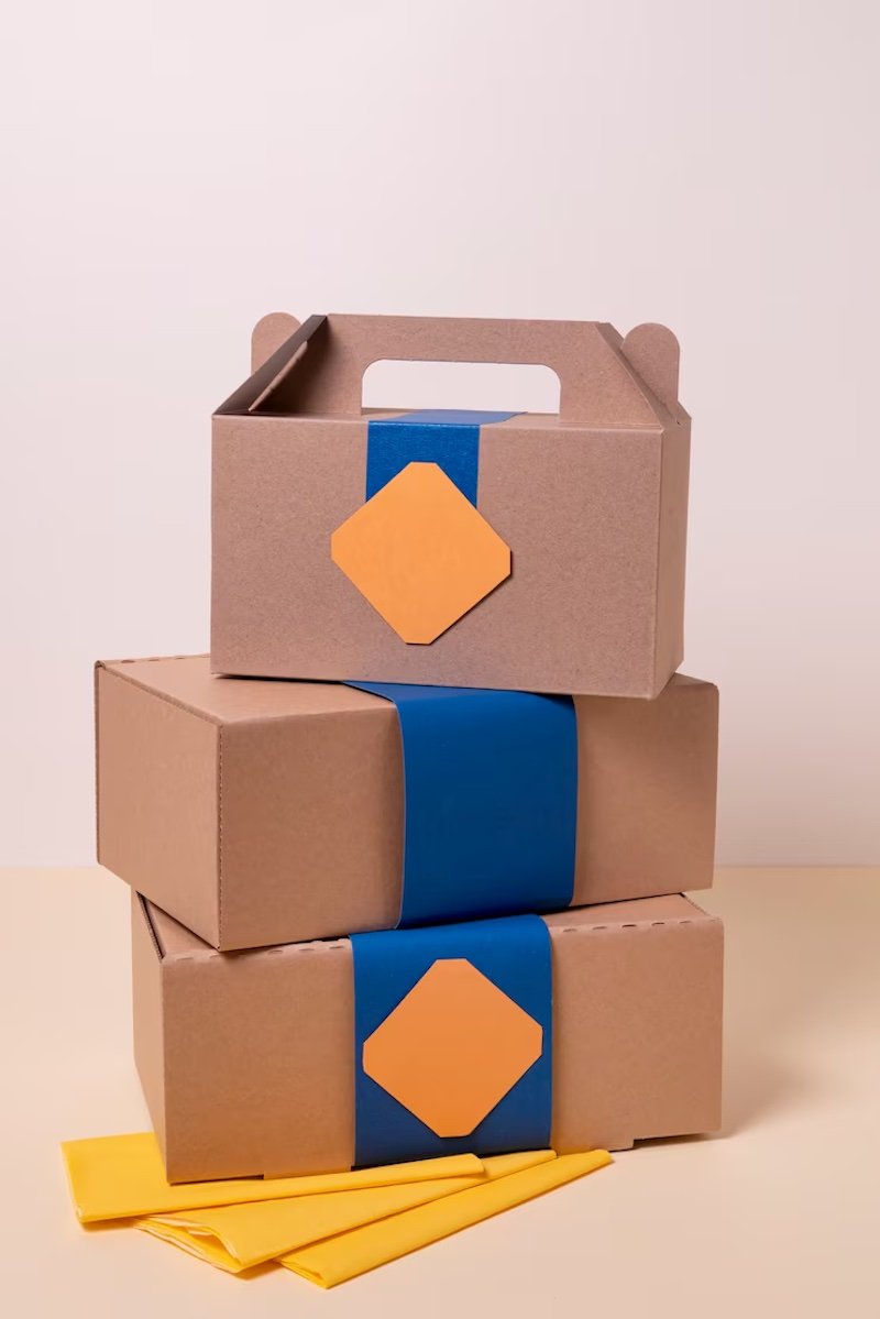 Stacked kraft boxes with blue bands and orange labels, featuring a carry handle