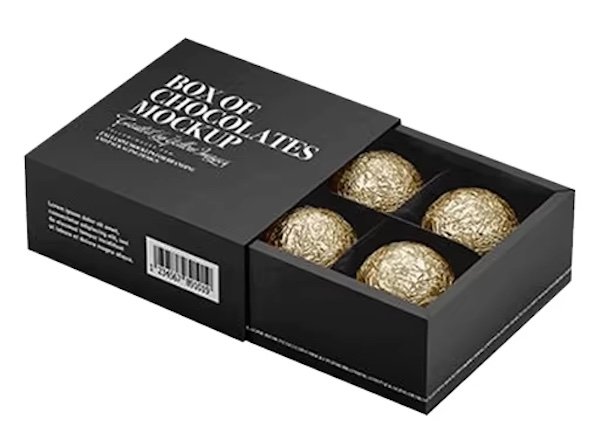 Black chocolate box with gold-wrapped chocolates and "Box of Chocolates Mockup" text