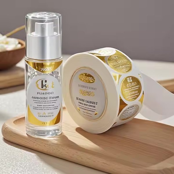 Elegant serum bottle and roll of gold-accented product labels
