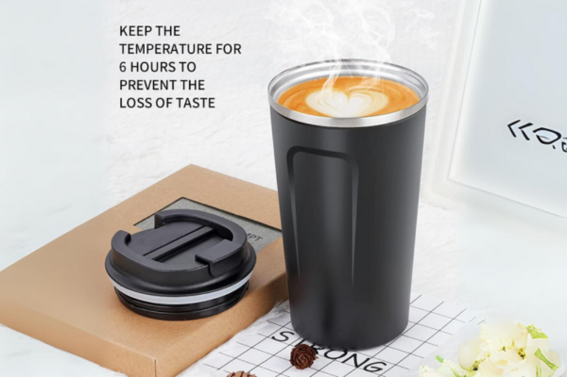 Black insulated tumbler with latte art, promoting 6-hour temperature retention