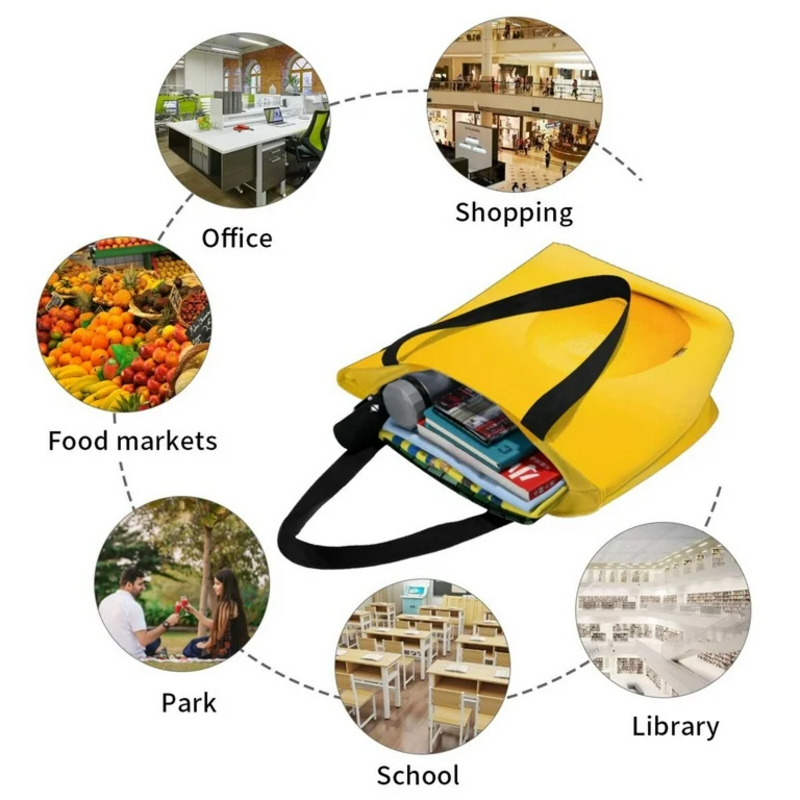 Yellow tote bag with its uses in office, shopping, food markets, park, school, and library