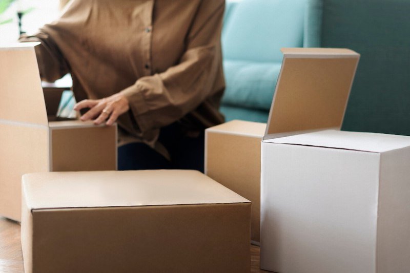 Person organizing cardboard boxes in a living room setting
