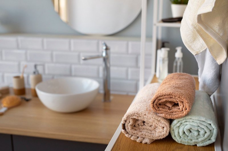 Rolled towels in beige, brown, and mint green on a bathroom counter with a sink