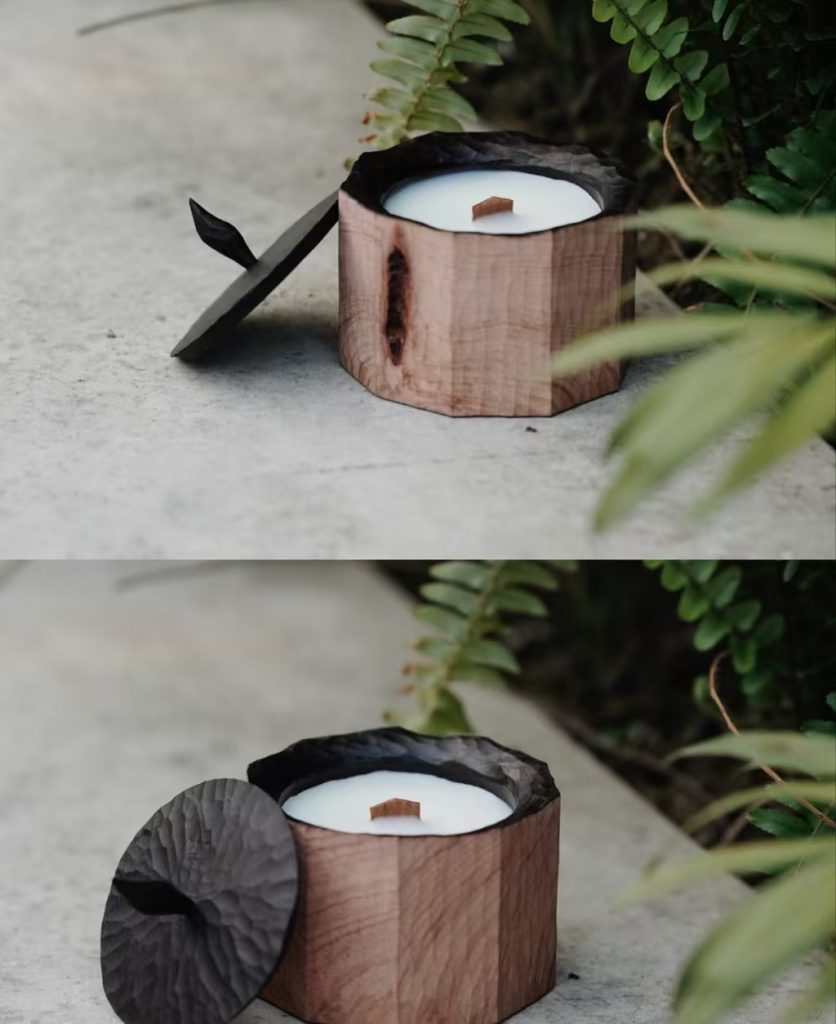 Wooden candle vessel showing natural grain finish