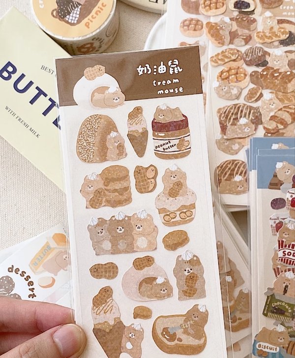 Cute dessert-themed stickers featuring cartoon animals and pastries