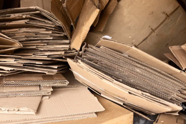Pile of flattened corrugated cardboard boxes for recycling or reuse
