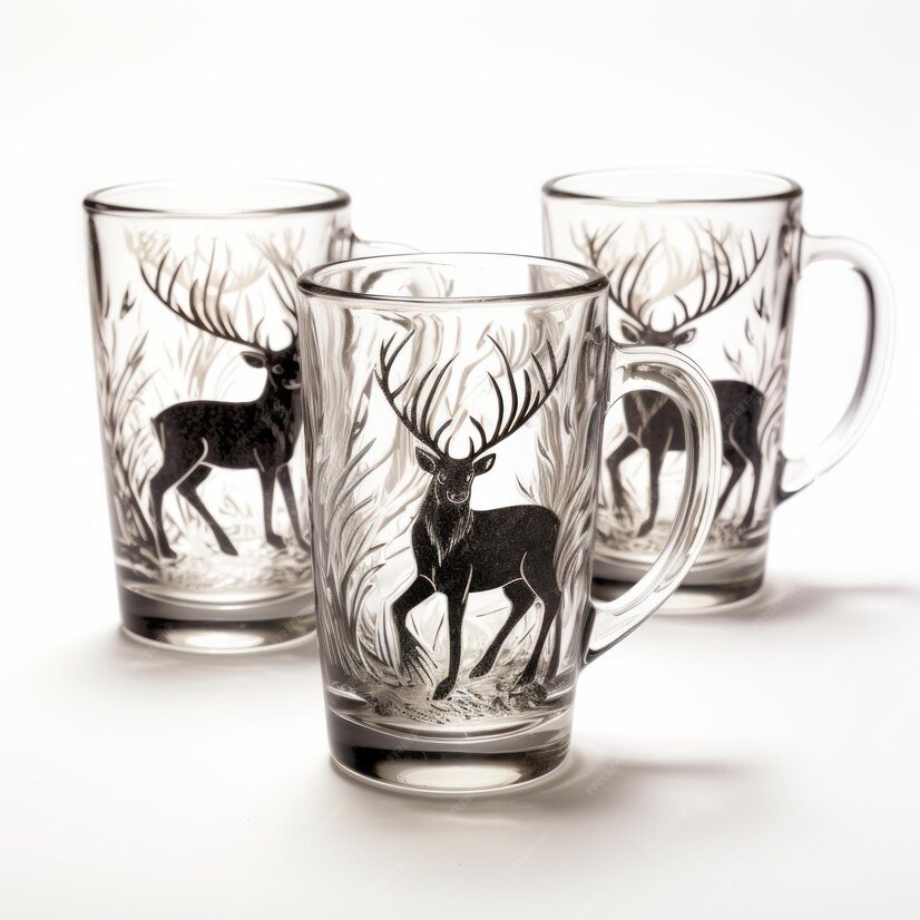 Clear glass mugs featuring an engraved deer design
