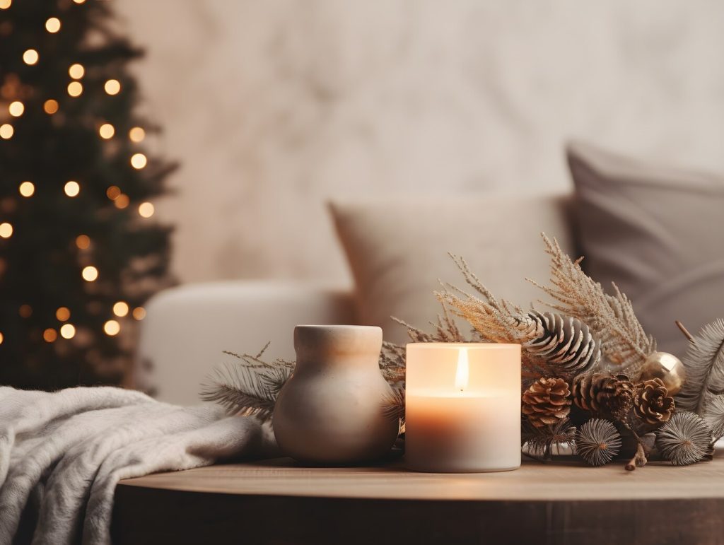 Close-up of lit candles arranged for the holiday season