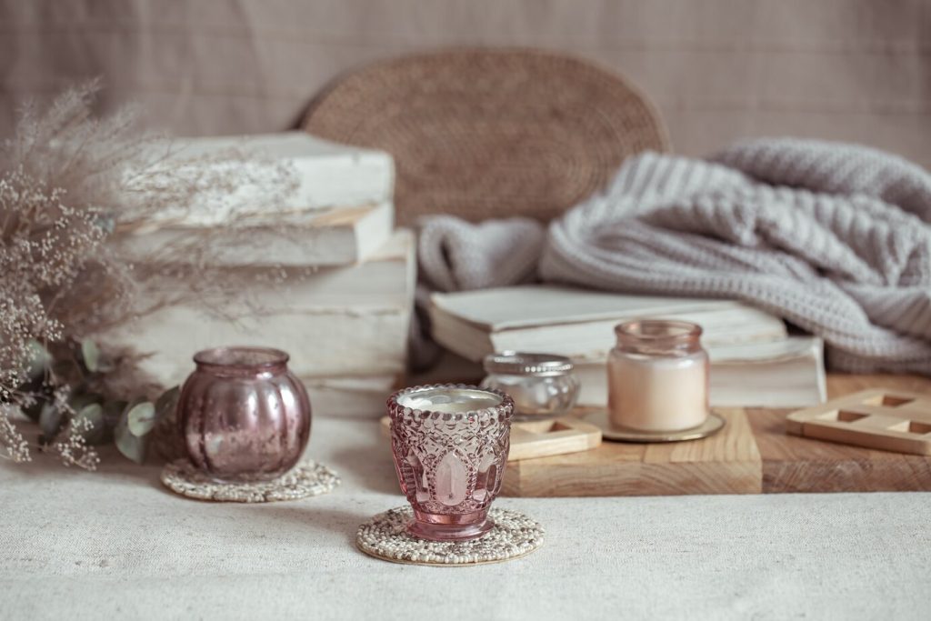 close-up of miniature candlesticks arranged as home decor