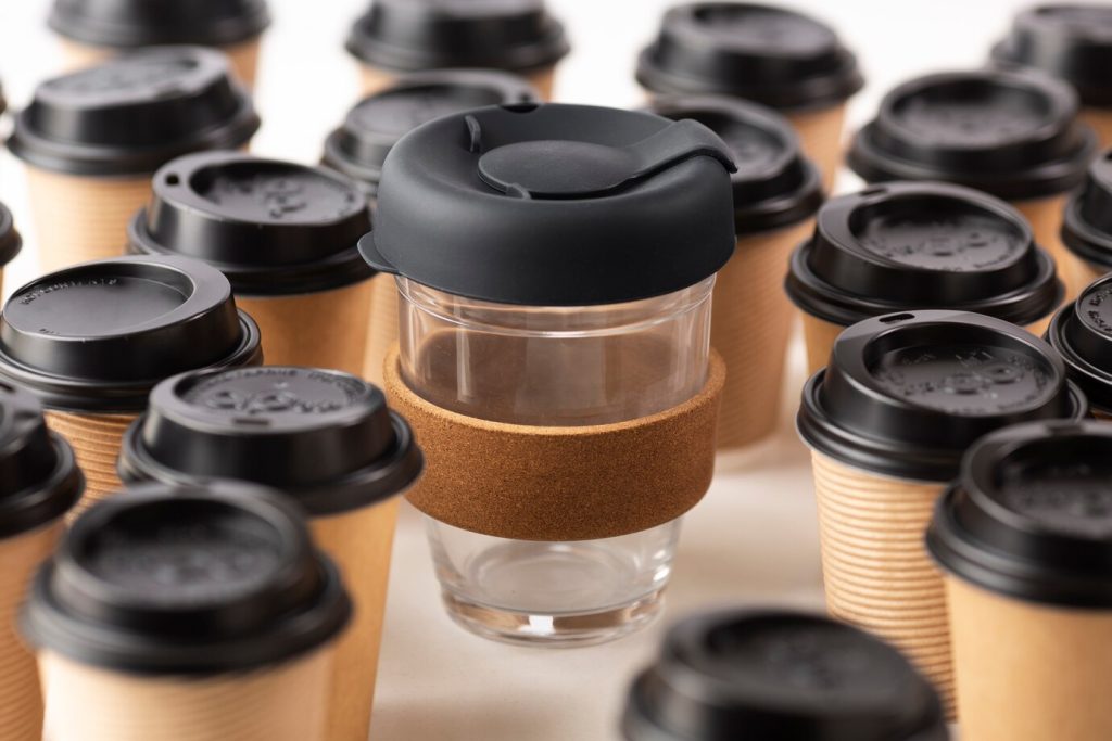 Close-up of sustainable disposable coffee cup alternatives