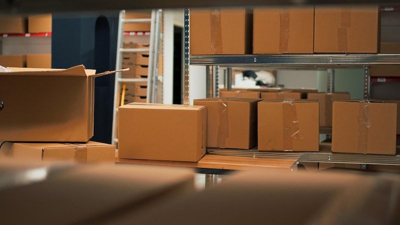 Cardboard boxes stored on shelves in a warehouse environment