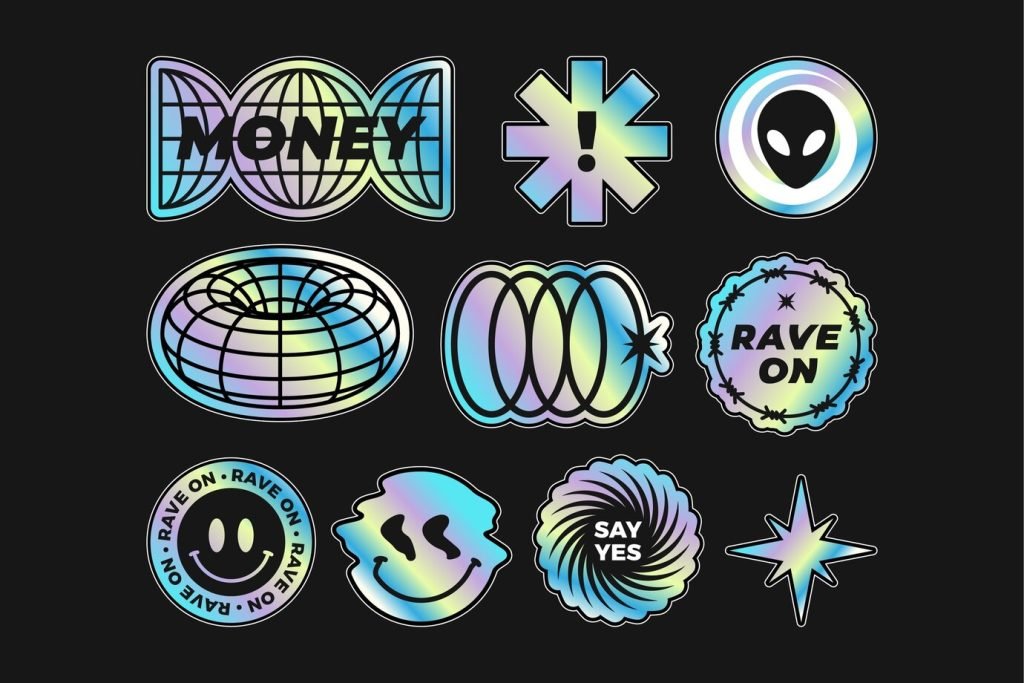 Holographic gradient sticker design with vibrant rainbow colors