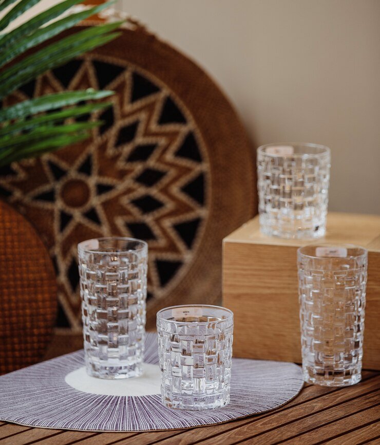 crystal glasses with an embossed decorative pattern