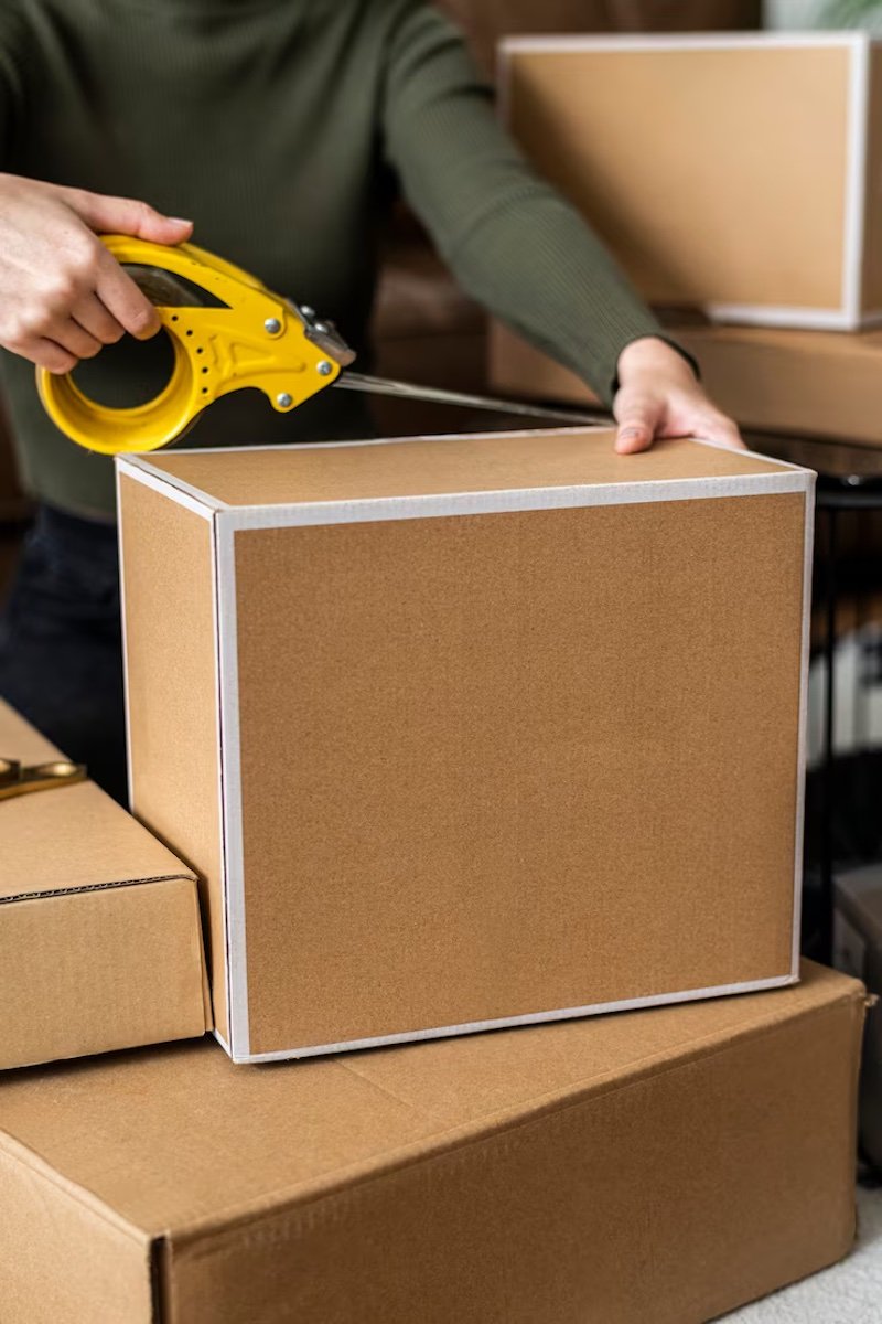 Person sealing a cardboard box with a yellow tape dispenser