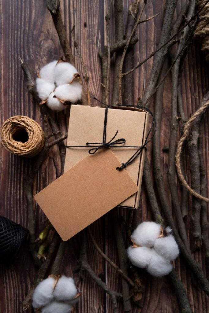 Top-down flat lay of a wooden box packaging arrangement