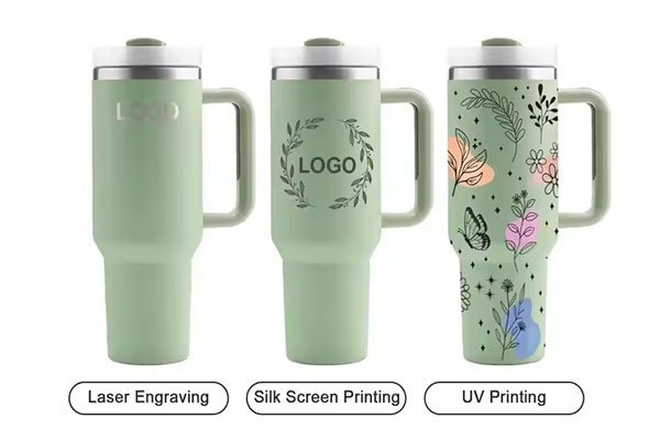 Green tumblers showcasing laser engraving, silk screen printing, and UV printing