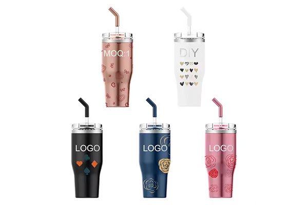 Custom tumblers with various designs, logos, and colors
