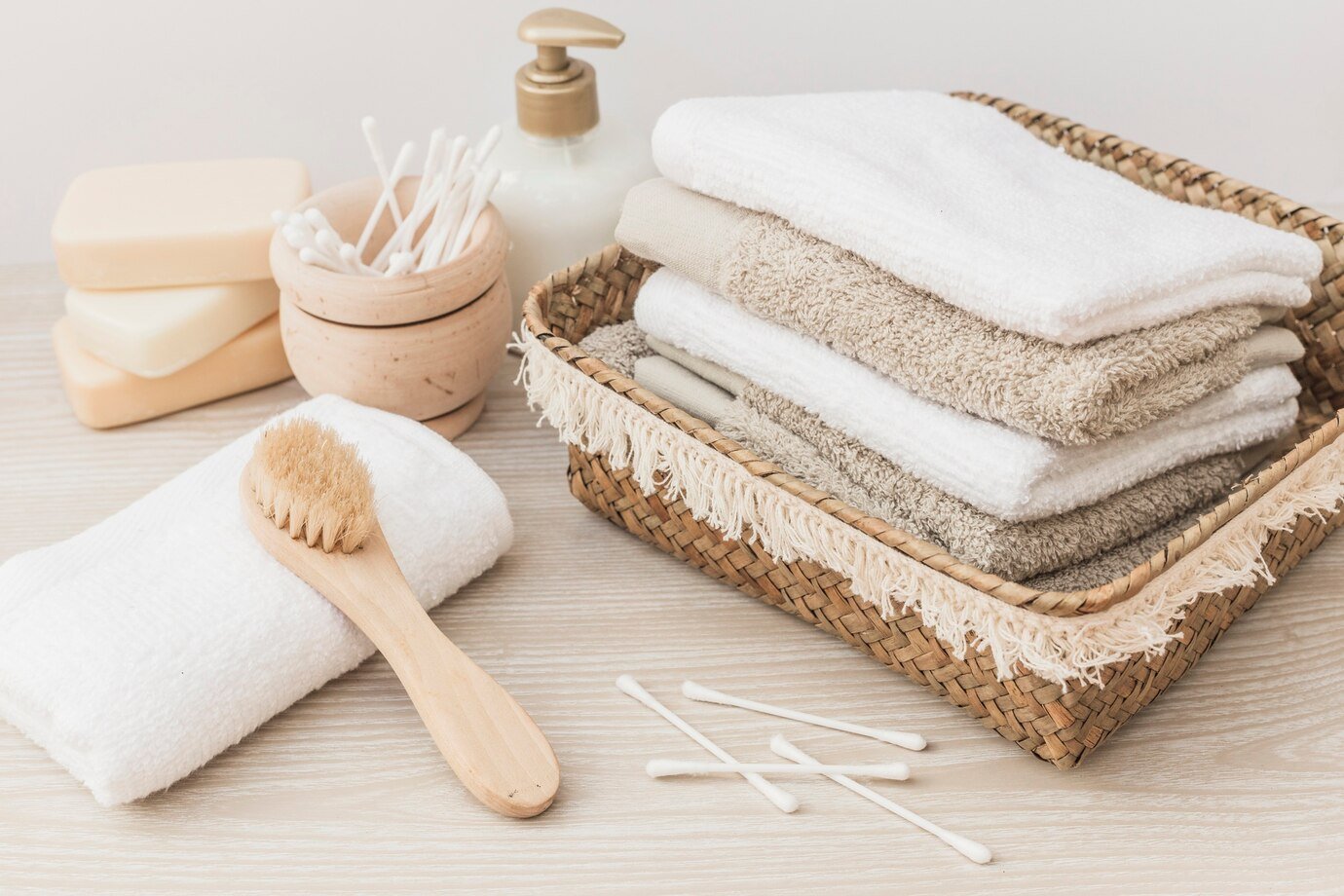 Wicker basket with stacked towels, wooden brush, soap, and cotton swabs on a wooden surface