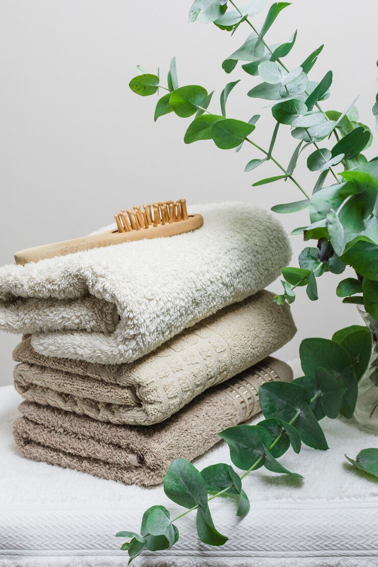 Stacked beige towels with a wooden hairbrush and eucalyptus leaves