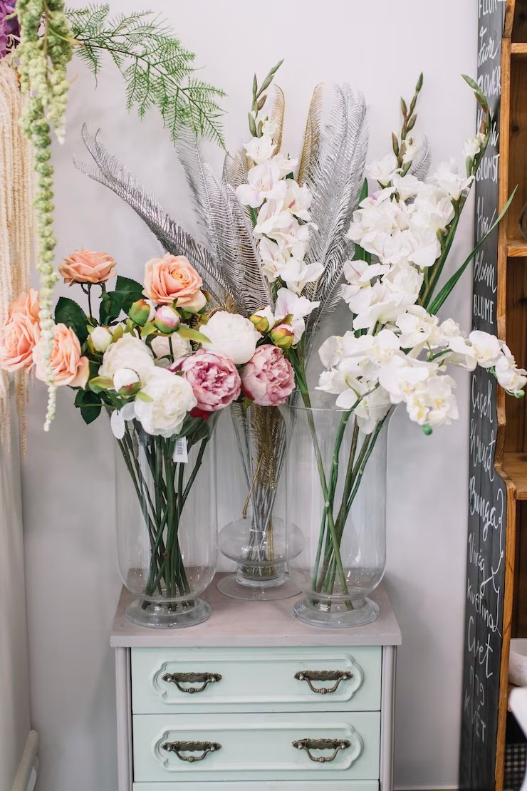 Large artificial flowers in glass vases