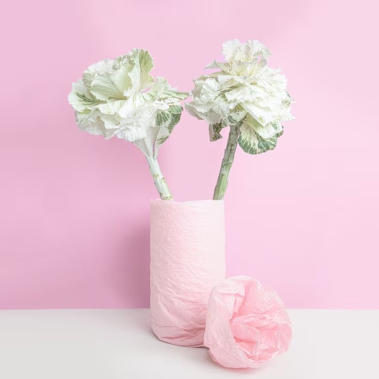 Pink and white paper flowers in a vase