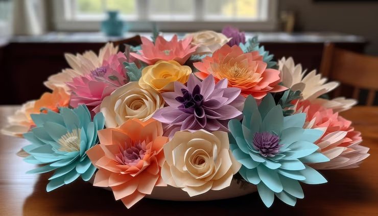 Colorful paper flowers in a bowl